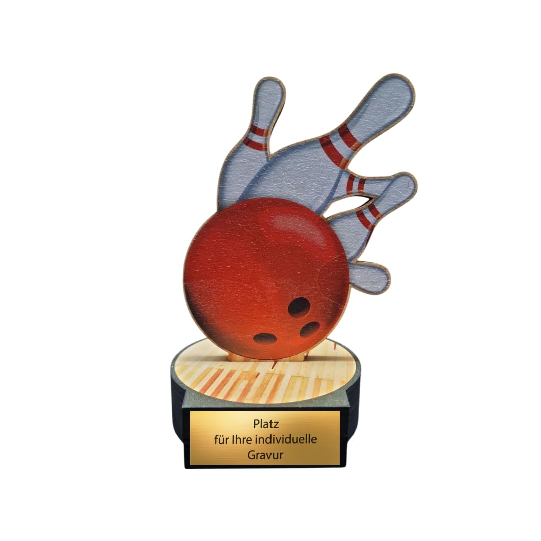 16 cm Bowling Pokal aus Holz mit Gravur - Trophäe für Kegel & Teams