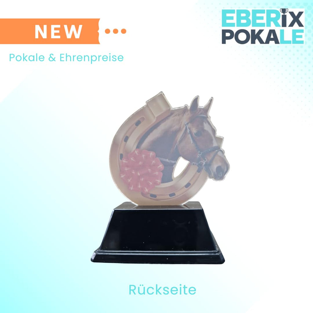10 cm Reitsport Pokal Trophäe mit Pferdekopf & Hufeisen, Acryl Award