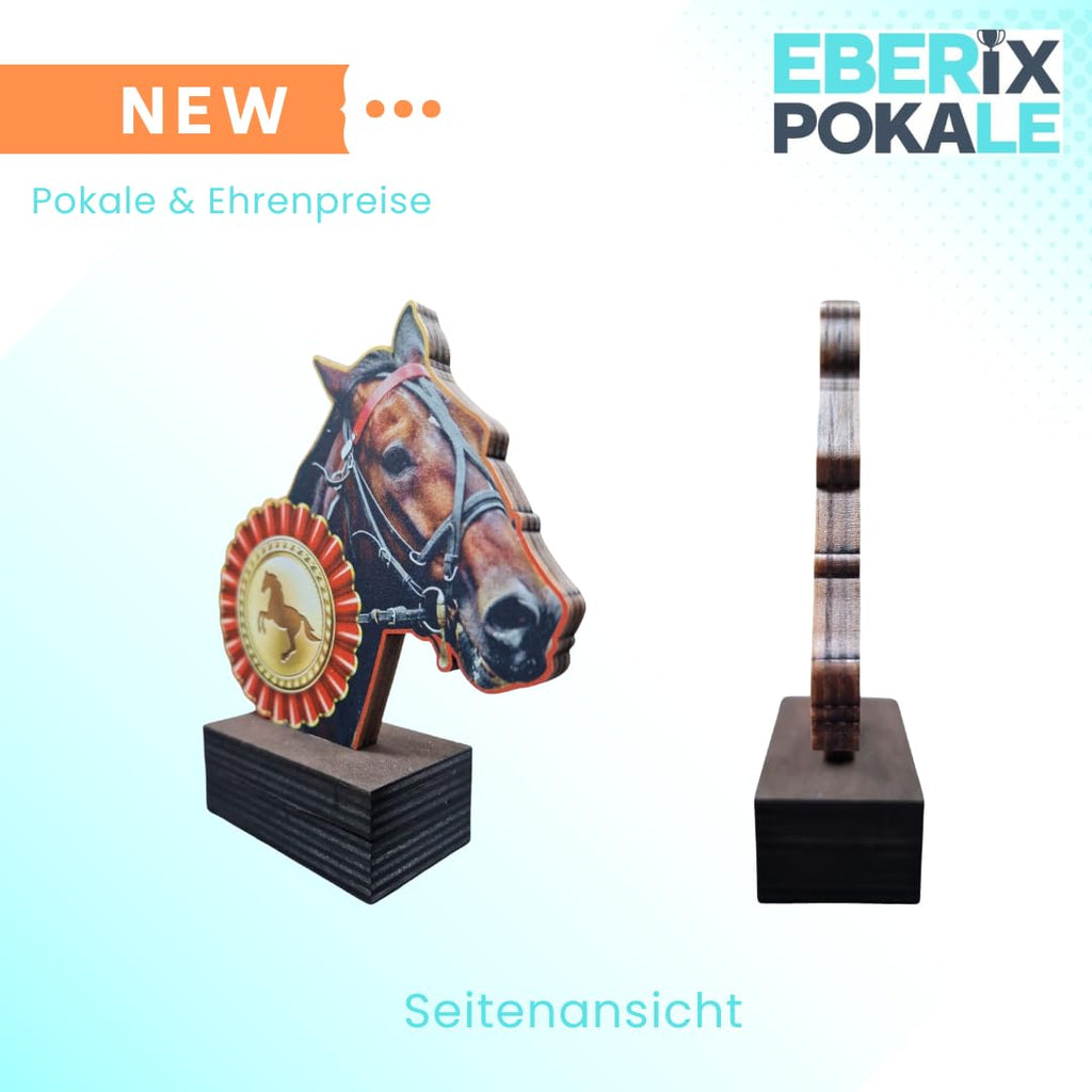 Reitsport Pokal 13 cm - Trophäe mit Pferdekopf & Schleife aus Holz