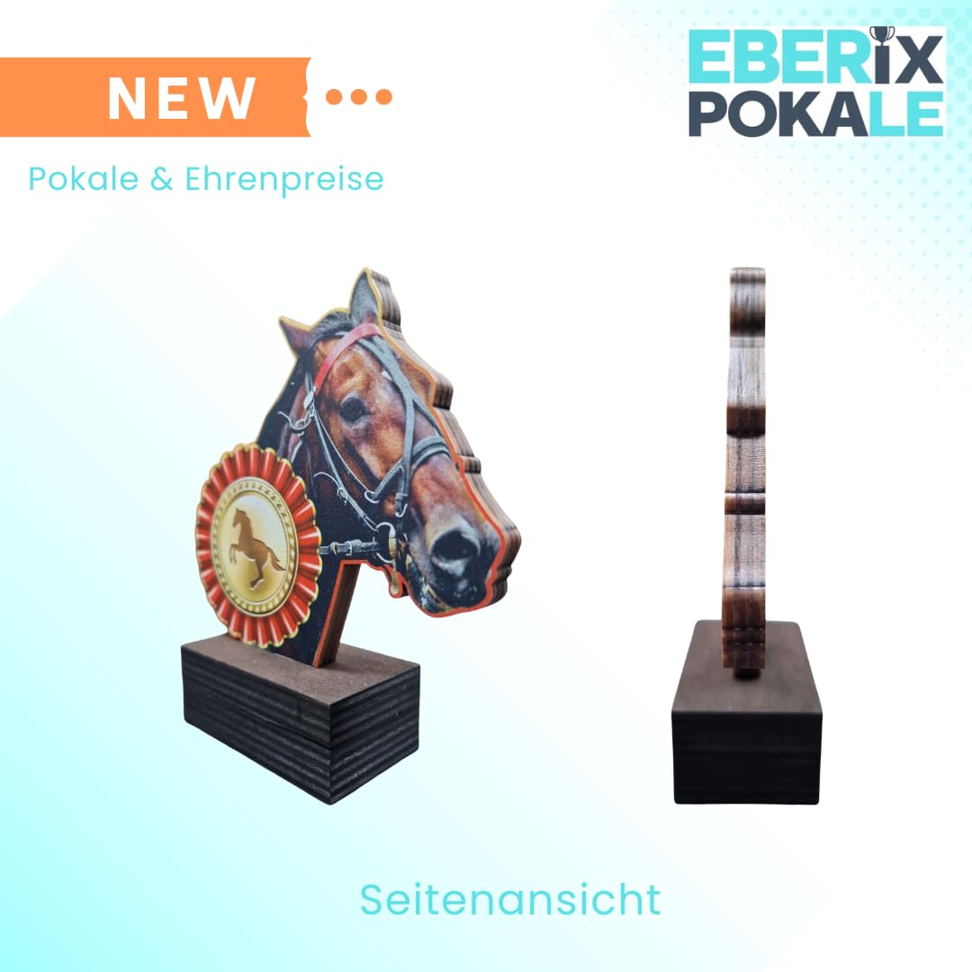 Reitsport Pokal 13 cm - Trophäe mit Pferdekopf & Schleife aus Holz