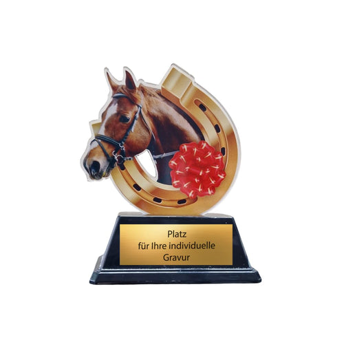 10 cm Reitsport Pokal Trophäe mit Pferdekopf & Hufeisen, Acryl Award