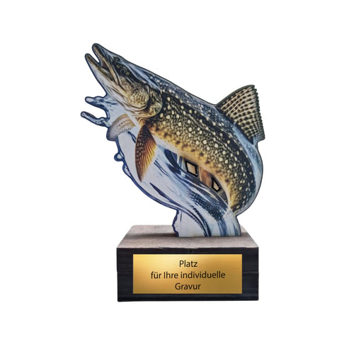 13 cm Hecht Pokal Trophäe aus Holz - Fisch Award mit Wunschgravur