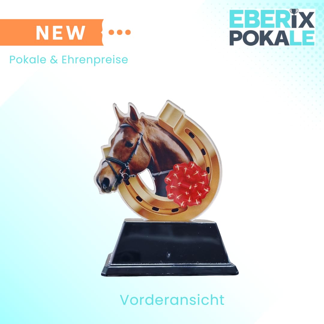10 cm Reitsport Pokal Trophäe mit Pferdekopf & Hufeisen, Acryl Award