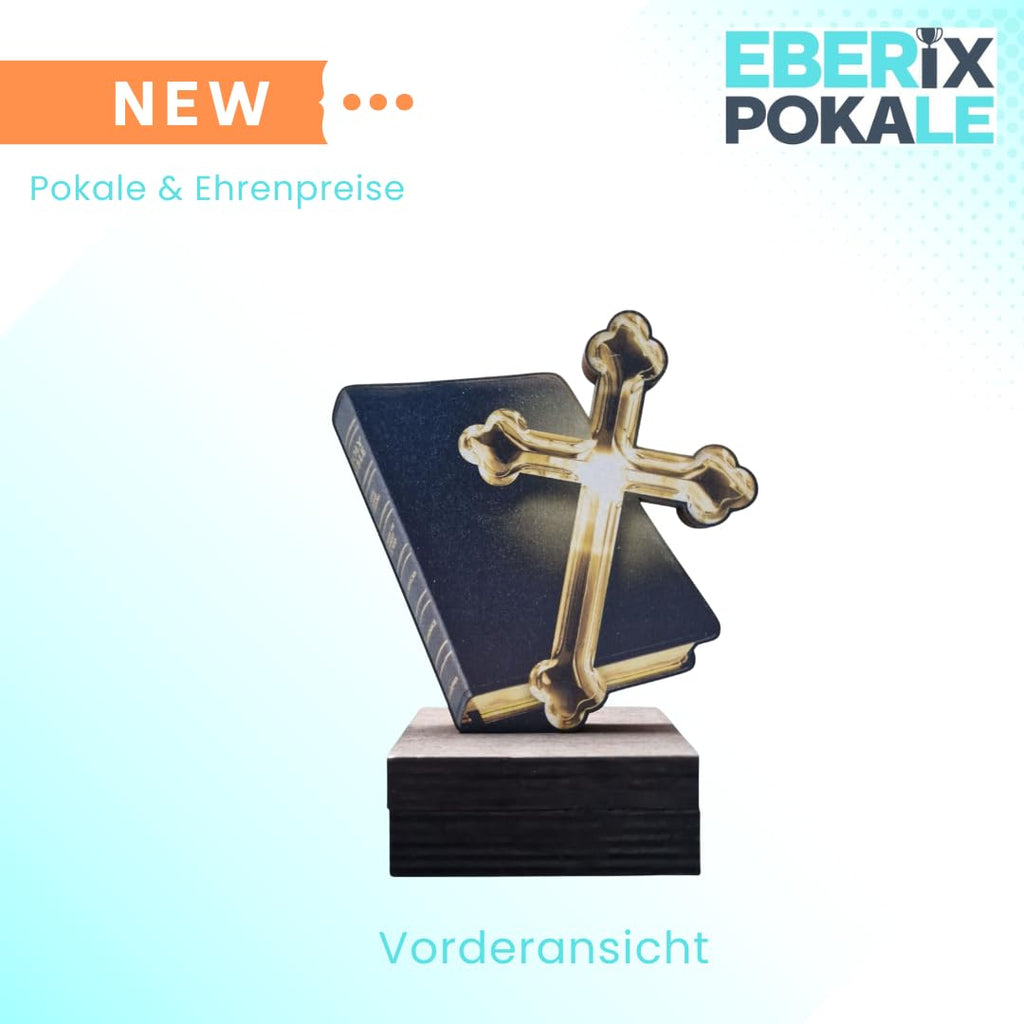 Holzpokal 13 cm Kreuz & Bibel - Religiöse Trophäe mit Wunschgravur
