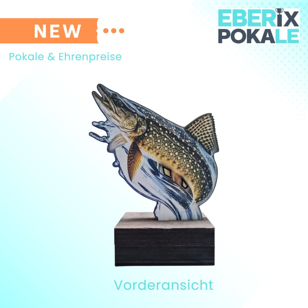 13 cm Hecht Pokal Trophäe aus Holz - Fisch Award mit Wunschgravur