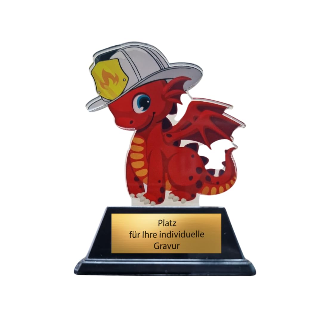 10cm Kinderfeuerwehr-Pokal - Acryl Trophäe mit Drache & Wunschgravur