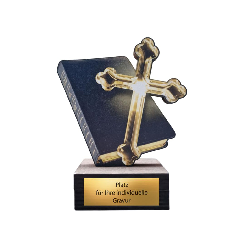 Holzpokal 13 cm Kreuz & Bibel - Religiöse Trophäe mit Wunschgravur