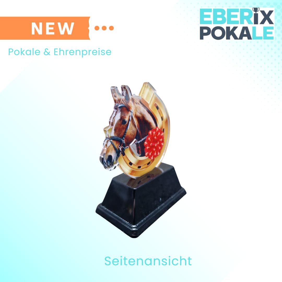 10 cm Reitsport Pokal Trophäe mit Pferdekopf & Hufeisen, Acryl Award