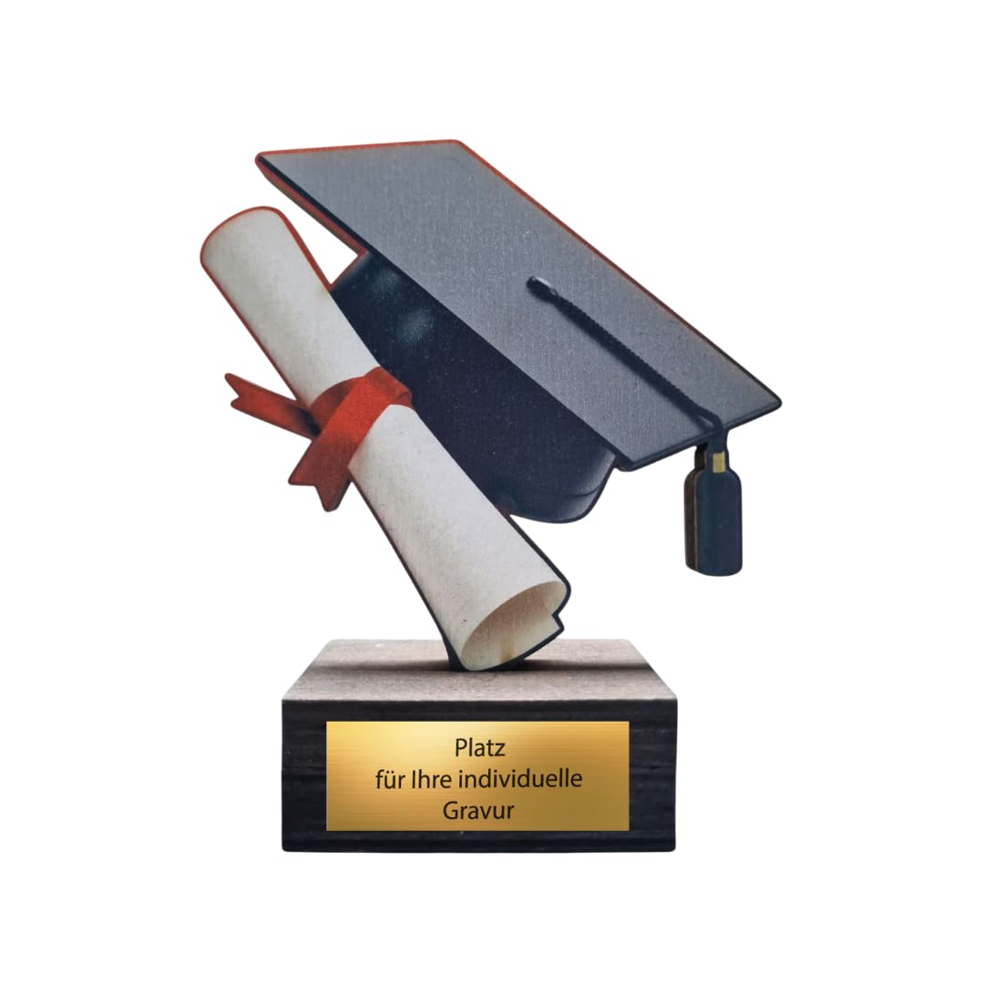 Studienpokal 13 cm Holz Trophäe mit Gravur - Abschluss-Motiv Hut & Diplom