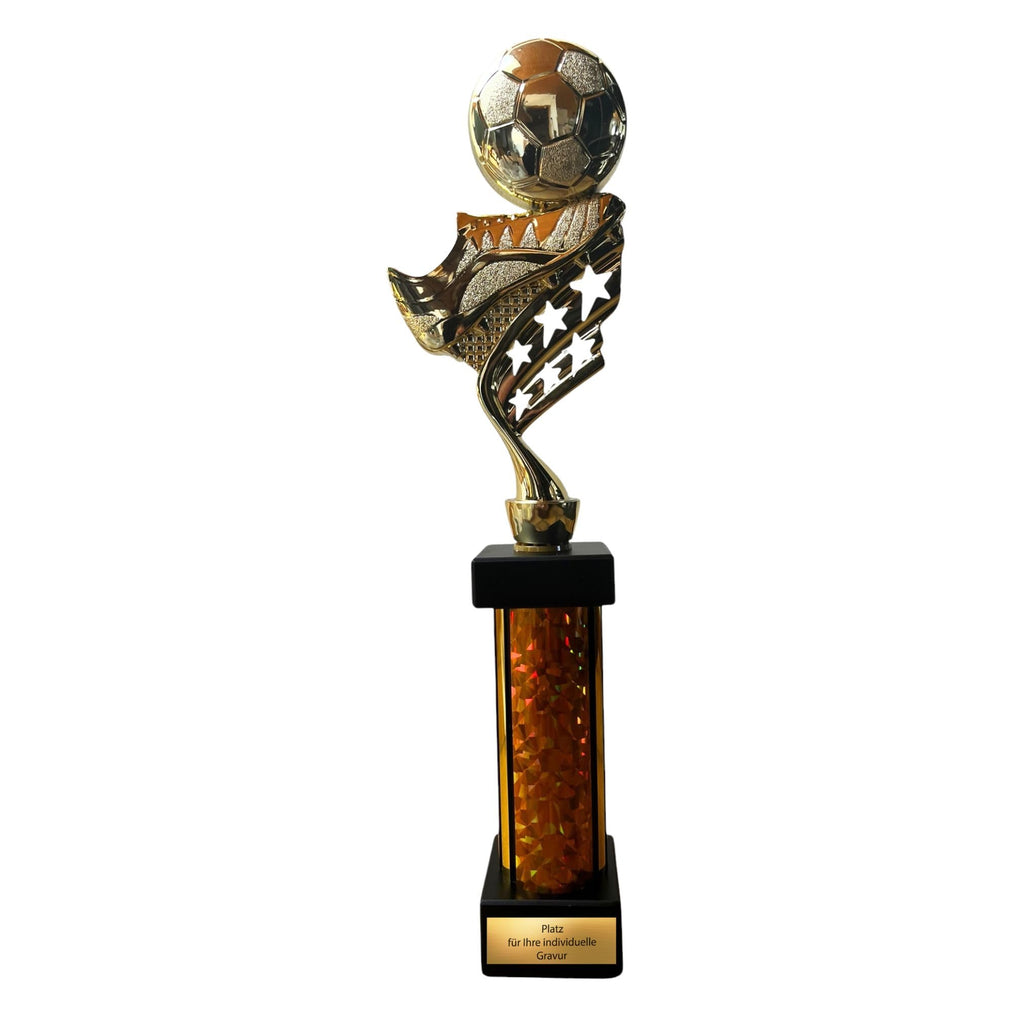 eberix · Fußball Pokal · mit Wunschgravur · Trophäe mit Ball & Schuh Motiv · Siegerpokal für Fußballturnier, Vereinsmeisterschaft, Jugendfußball, Sportfest · personalisierbar ·