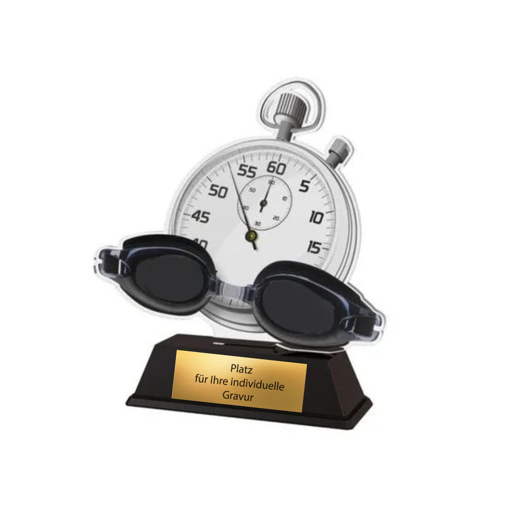 Schwimmer Pokal 9,5 cm - Acryl Trophäe mit Stoppuhr & Gravurschild