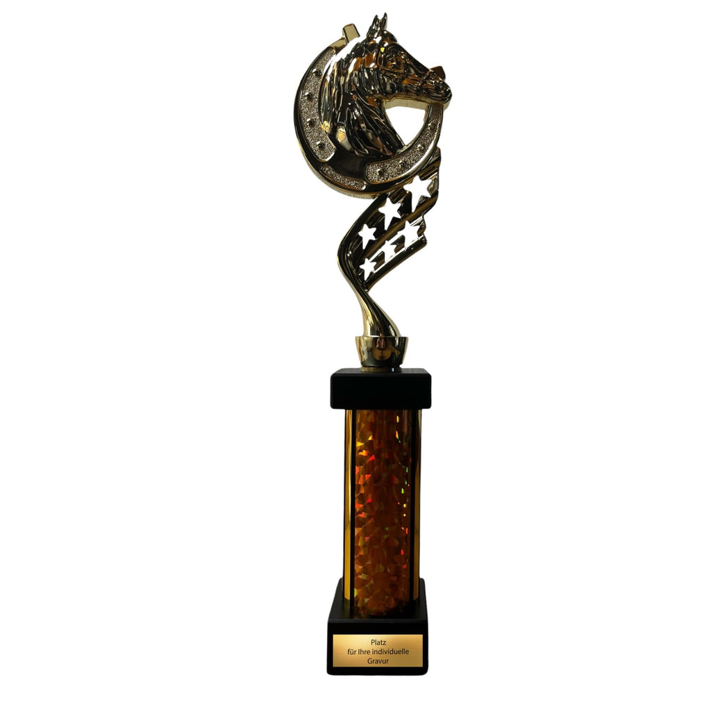 eberix · Reitsport Pokal · mit Wunschgravur · Trophäe mit Hufeisen-Motiv & goldener Glanzsäule · Siegerpokal für Reitturnier, Voltigieren, Dressur, Pferdesport ·