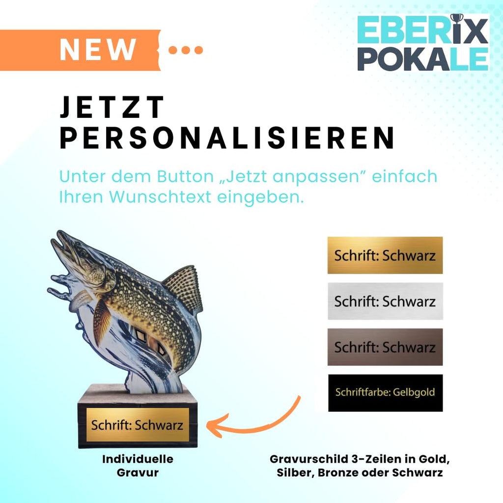 13 cm Hecht Pokal Trophäe aus Holz - Fisch Award mit Wunschgravur