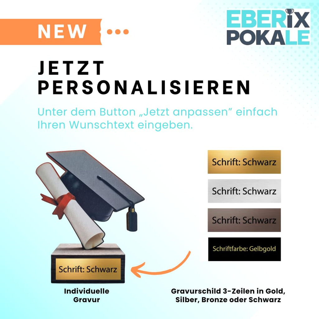 Studienpokal 13 cm Holz Trophäe mit Gravur - Abschluss-Motiv Hut & Diplom