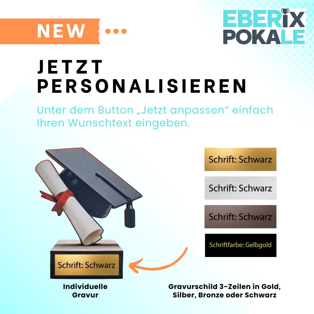 Studienpokal 13 cm Holz Trophäe mit Gravur - Abschluss-Motiv Hut & Diplom