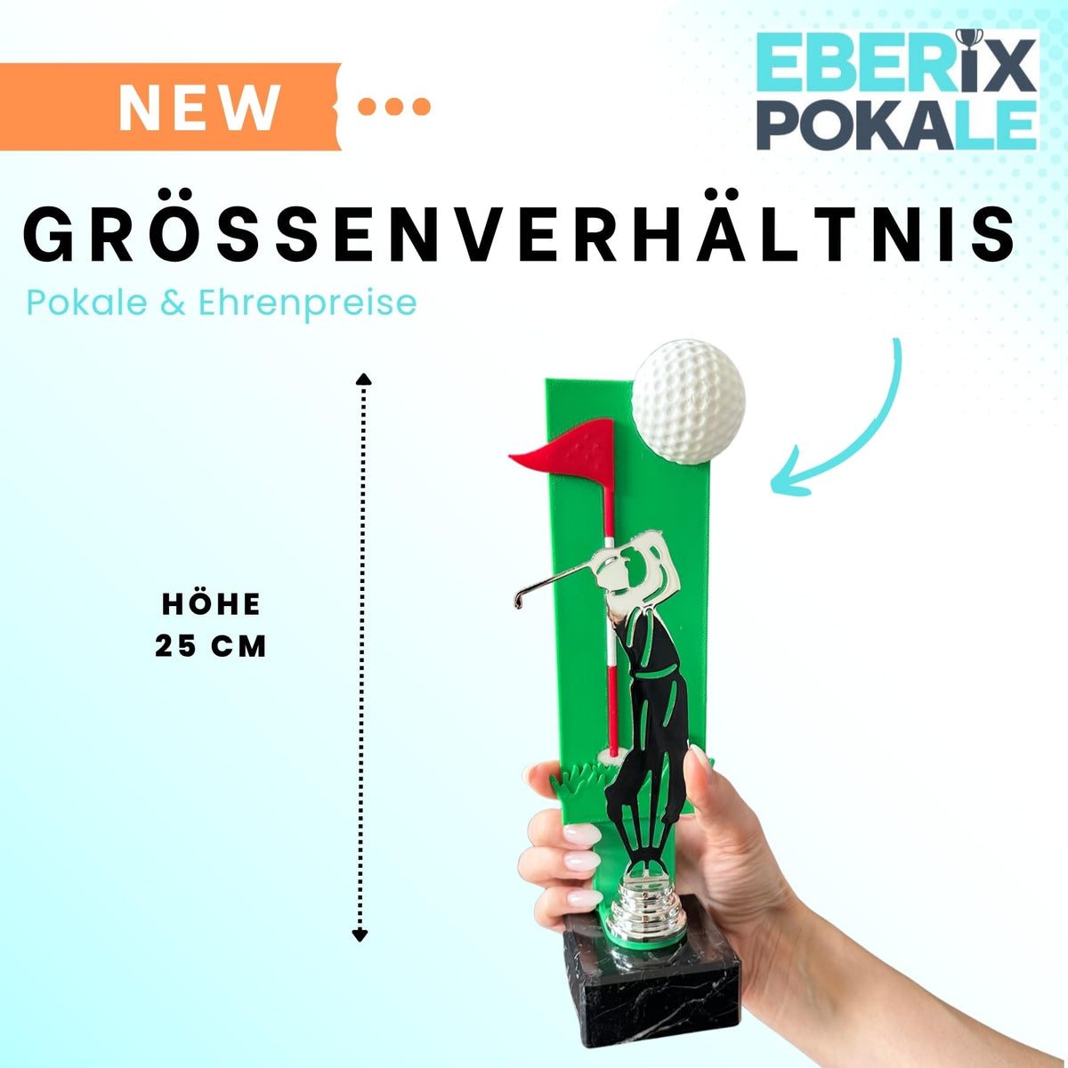 Golfpokal 25 cm Metallfigur mit Wunschgravur & 3D-Hintergrund