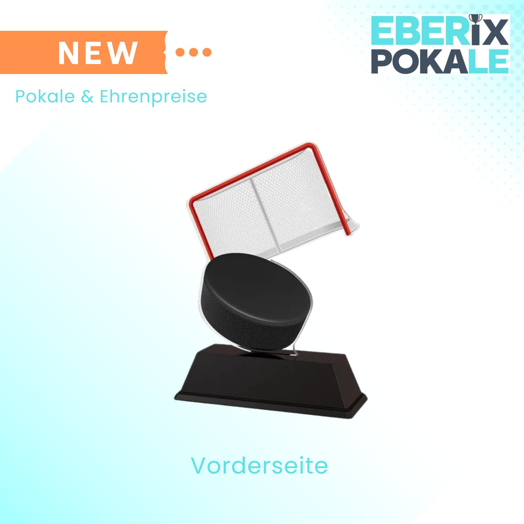10 cm Eishockey Pokal - Acryltrophäe mit Puck & Tor Motiv - Inkl. Gravur