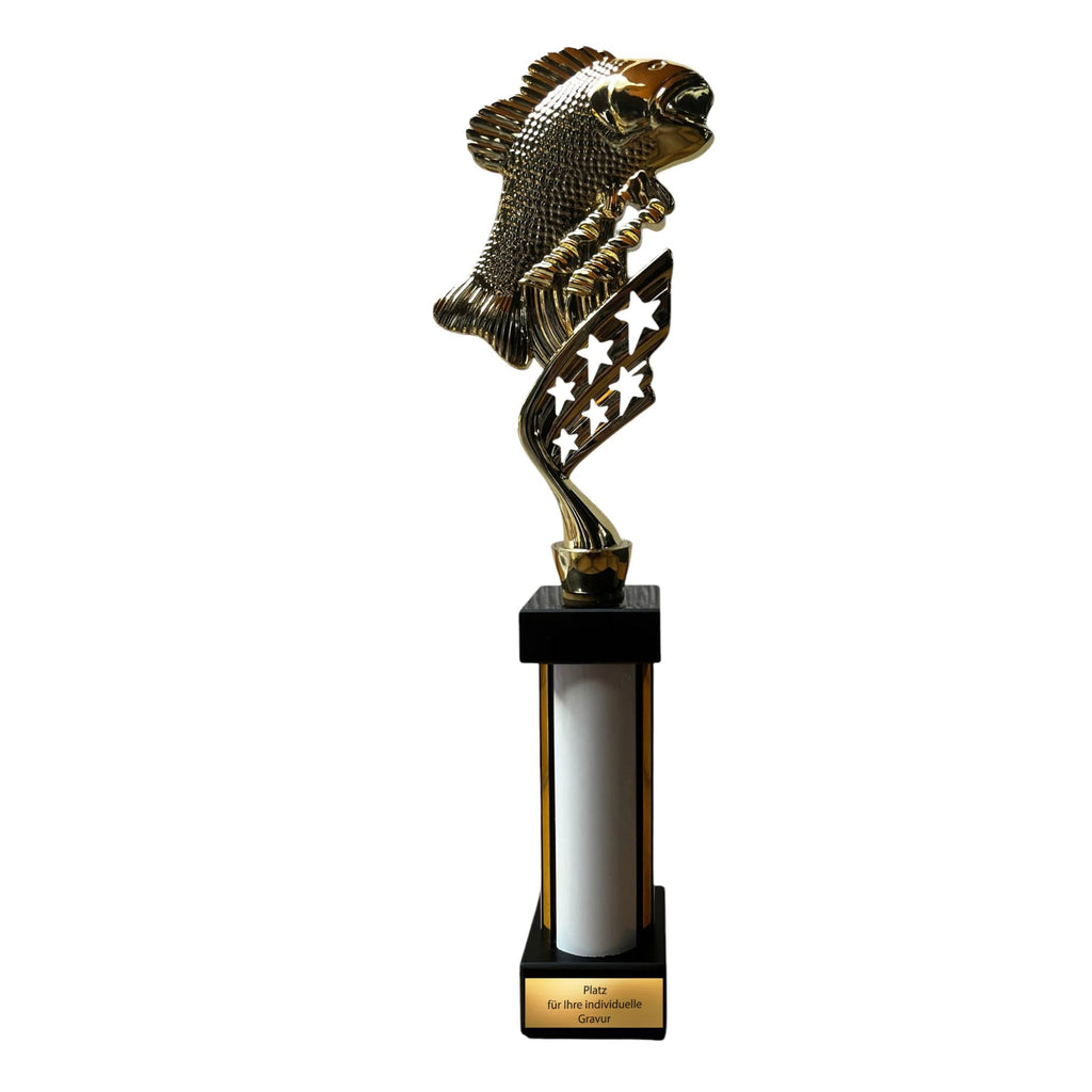 eberix · Angelsport Pokal · mit Wunschgravur · Trophäe mit Fisch-Motiv inkl. Gravur · Siegerpokal für Angelturnier, Vereinsfischen, Fischerfest, Raubfisch-Cup · personalisierbar ·