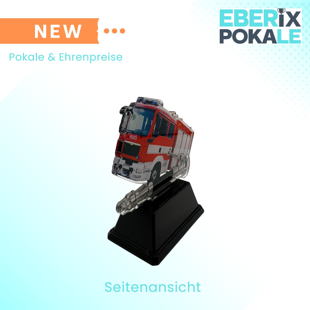 XS Feuerwehr Pokal 9 cm - Acryl Trophäe mit Feuerwehrauto & Gravurschild