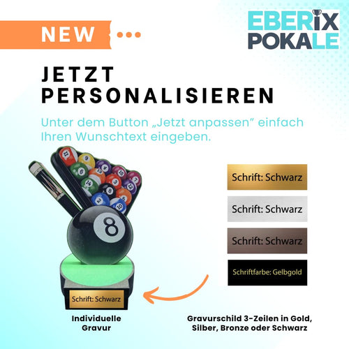 16 cm Holzpokal mit Gravur - Billard Trophäe - Queue & Kugeln Design
