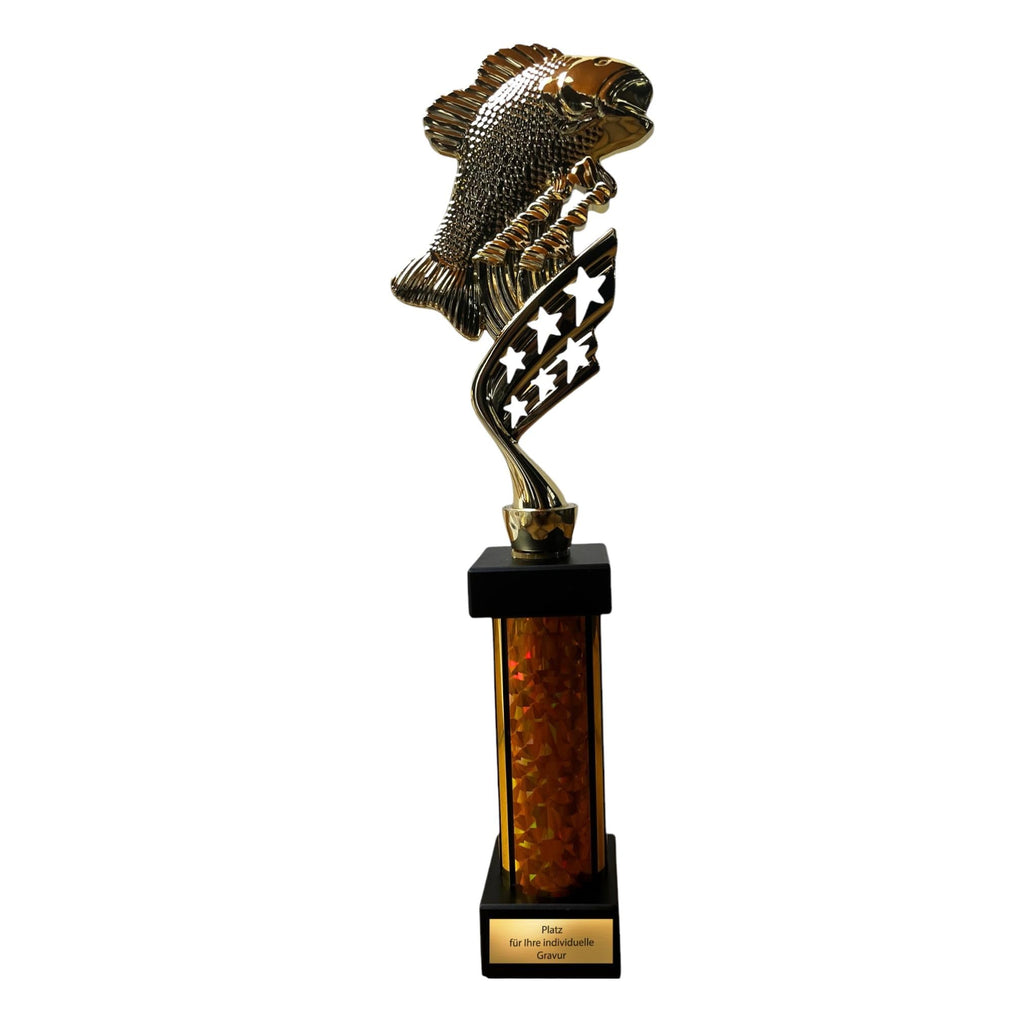 eberix · Angelsport Pokal · mit Wunschgravur · Trophäe mit Glanzsäule · Siegerpokal für Angelturnier, Vereinsfischen, Fischerfest, Raubfisch-Cup · personalisierbar ·