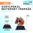 10 cm Reitsport Pokal Trophäe mit Pferdekopf & Hufeisen, Acryl Award