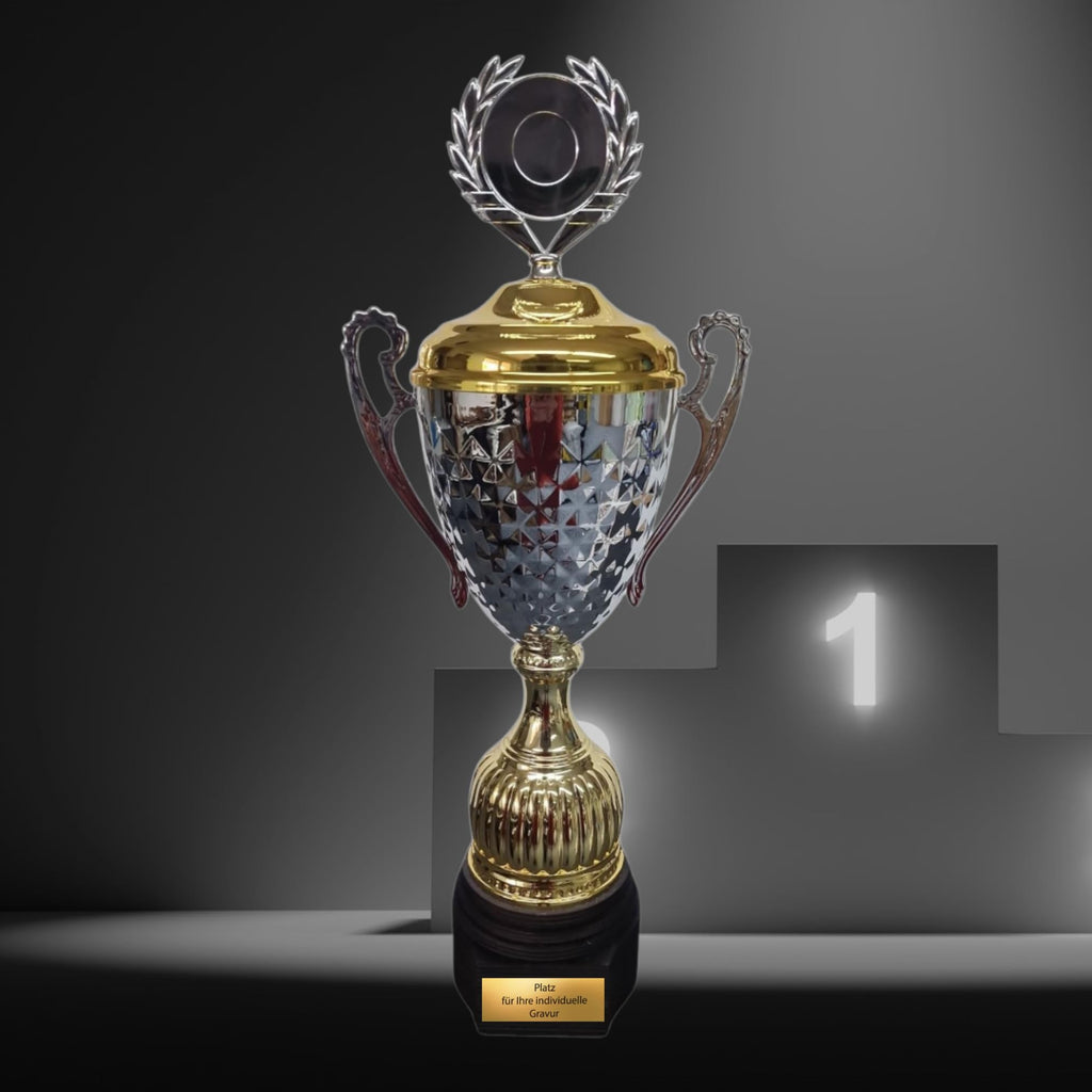 EBERiX · Athena oder Ares Wanderpokal · Wanderpokal mit Gravur · Eleganter Metallpokal mit Deckel & Holzsockel · 46 cm Höhe · Inkl. Gravurschild · personalisierbar