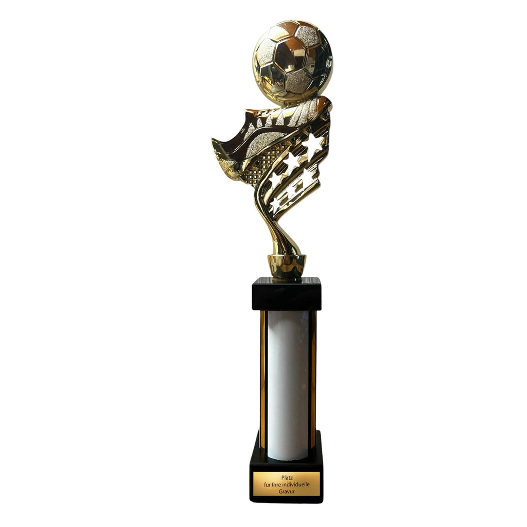 eberix · Fußball Pokal · mit Wunschgravur · Trophäe mit weißer Glanzsäule inkl. Gravur · Siegerpokal für Fußballturnier, Vereinsmeisterschaft, Jugendfußball · personalisierbar ·