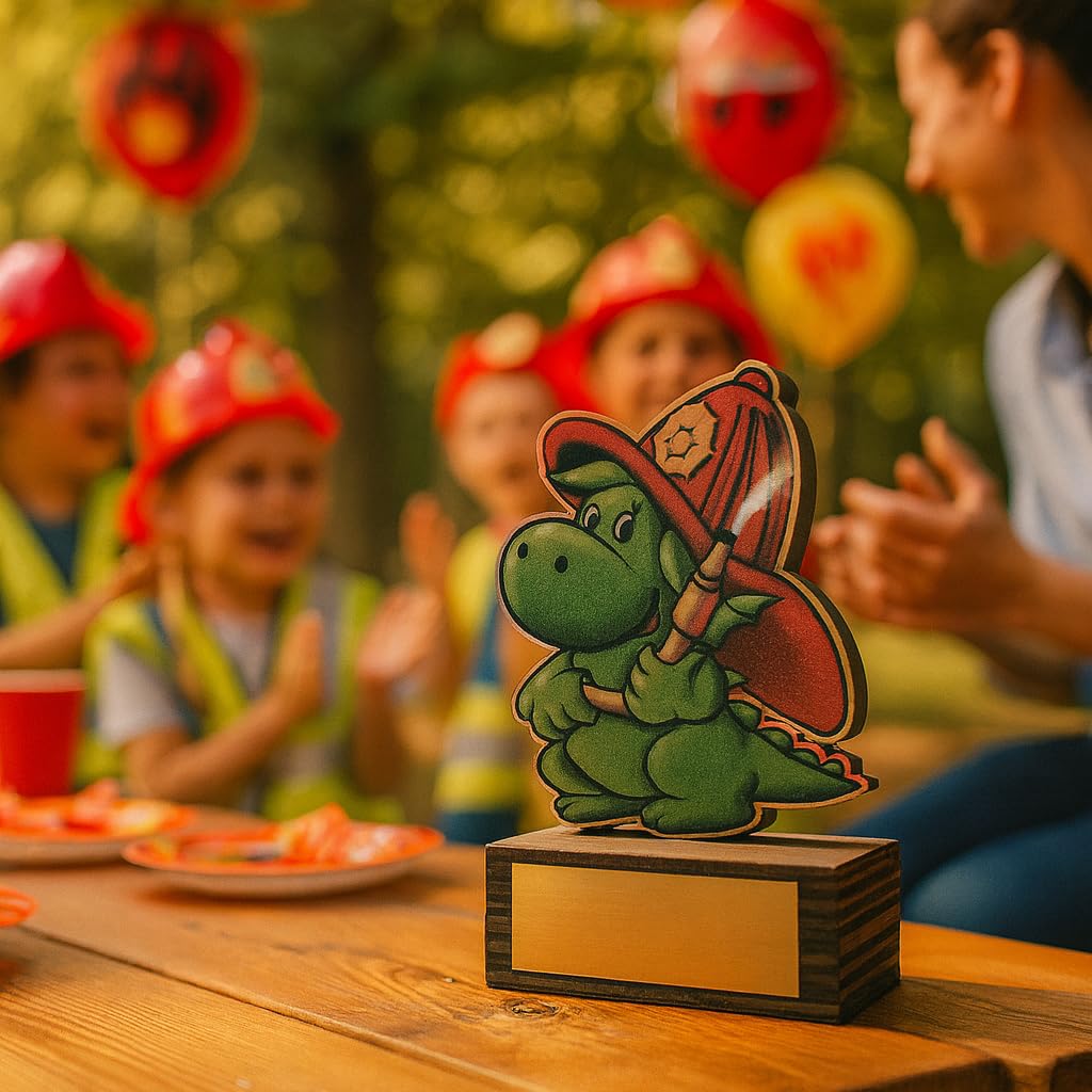 Pokal Feuerwehr-Drache 13 cm - Trophäe Award Holzpokal mit Wunschgravur