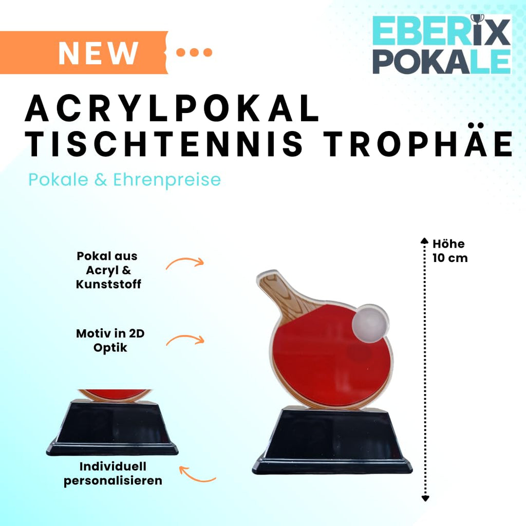 Tischtennis-Pokal 10 cm - Leichte Sport-Trophaee mit Schlaeger & Ball
