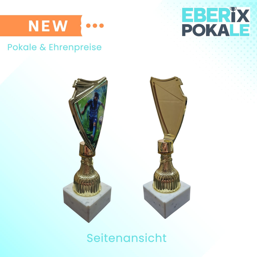 18,5 cm Fußball Pokal mit Wunschgravur - Spieler Trophäe Gold/Weiß Marmor