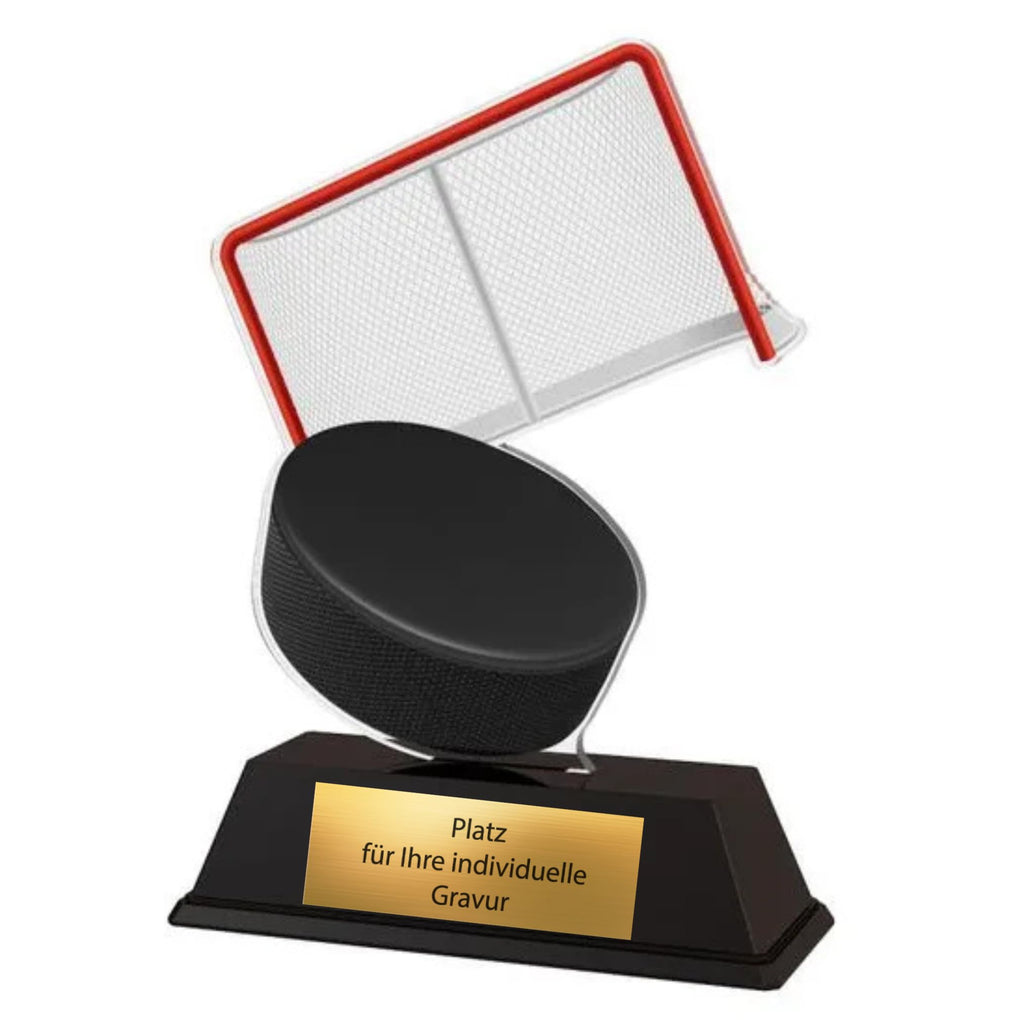 10 cm Eishockey Pokal - Acryltrophäe mit Puck & Tor Motiv - Inkl. Gravur