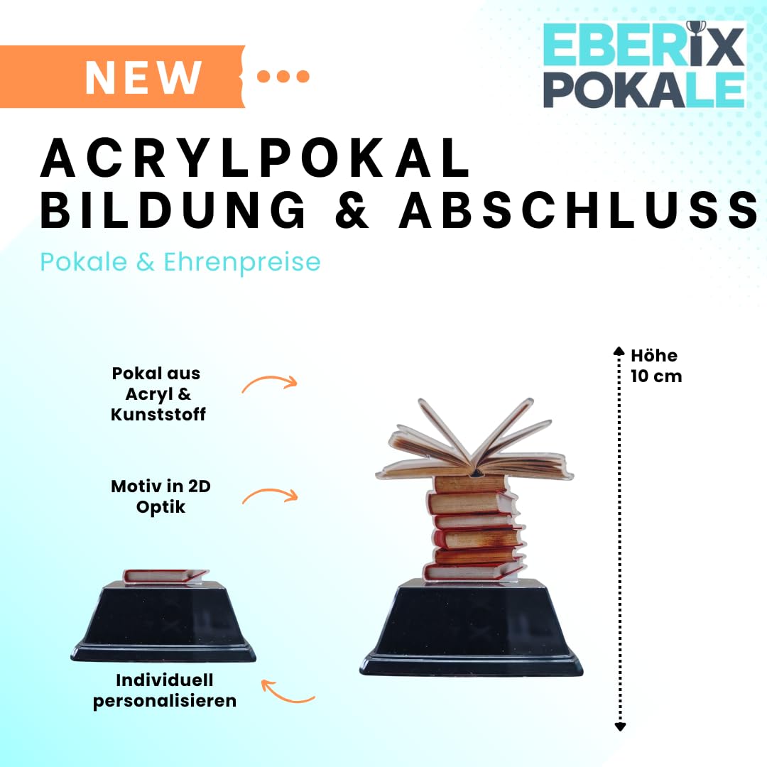 10 cm Bücher Pokal mit Wunschgravur - Acryl Trophäe für Lesewettbewerbe
