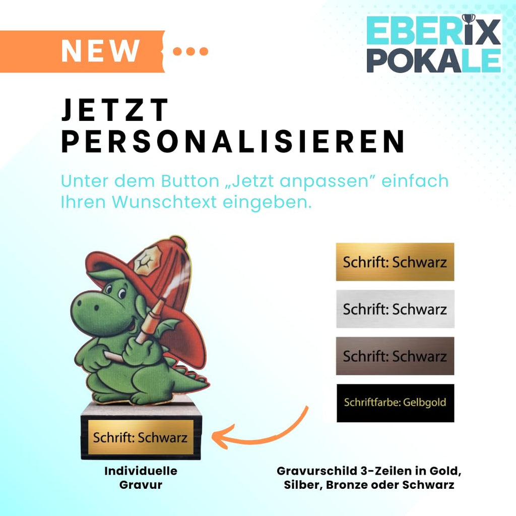 Pokal Feuerwehr-Drache 13 cm - Trophäe Award Holzpokal mit Wunschgravur