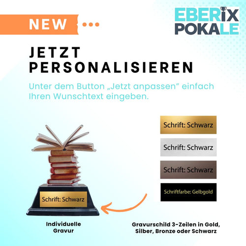 10 cm Bücher Pokal mit Wunschgravur - Acryl Trophäe für Lesewettbewerbe