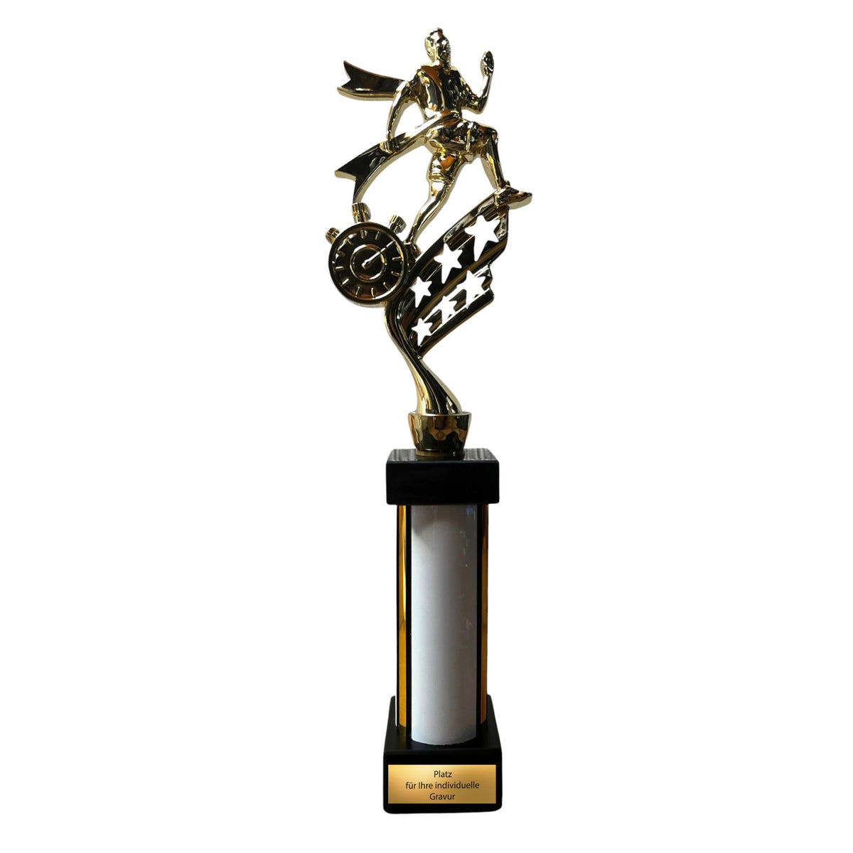 eberix · Laufsport Pokal · mit Wunschgravur · Trophäe mit weißer Glanzsäule · Siegerpokal für Laufwettkampf · Volkslauf · Sportfest Vereinsmeisterschaft · personalisierbar ·