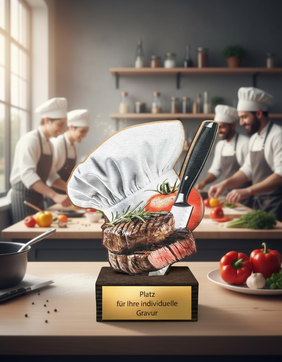 Küchen Pokal 13,5 cm - Kochmütze Steak Messer Motiv - Holz Trophäe