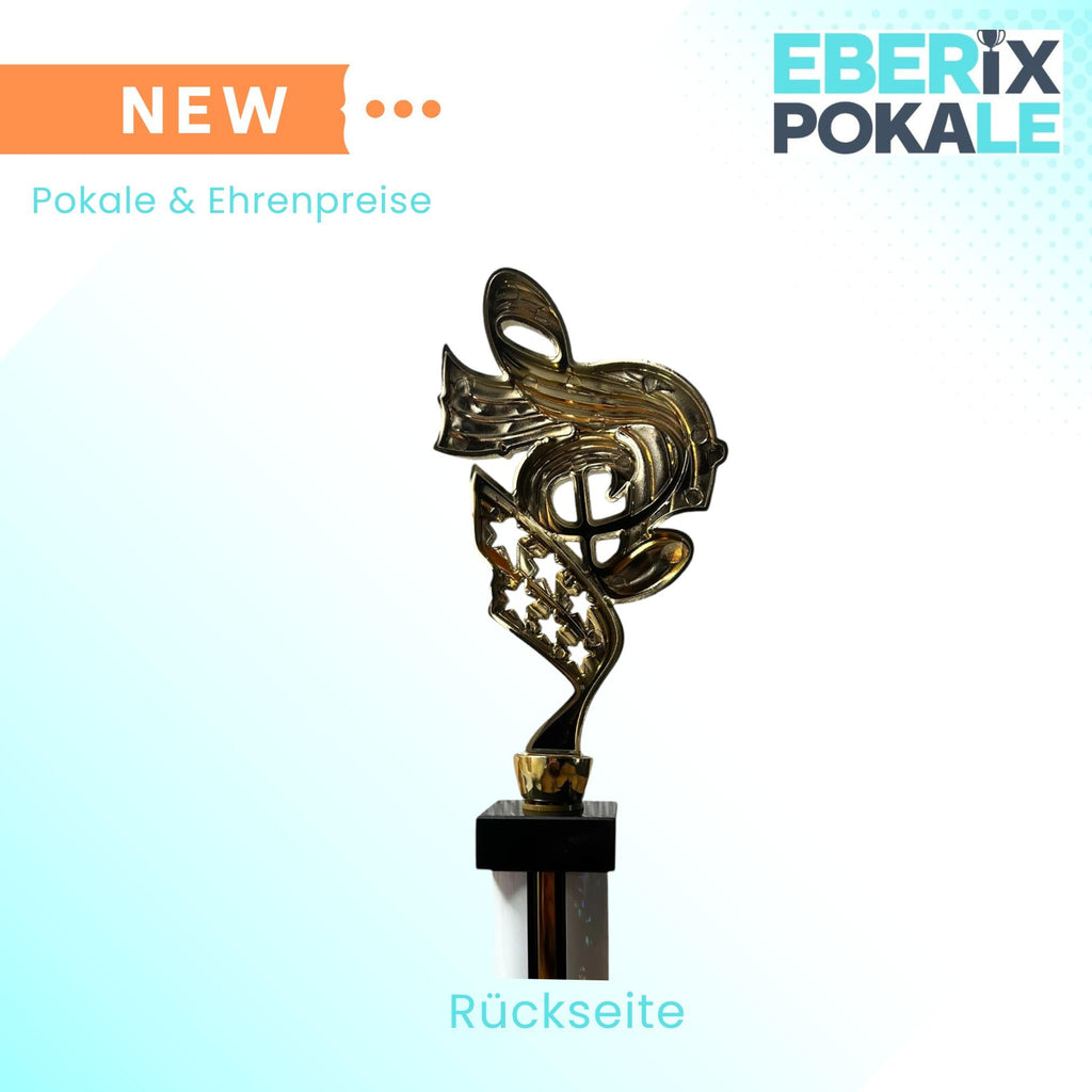 eberix · Musik Notenschlüssel Pokal · mit Wunschgravur · Trophäe mit weißer Glanzsäule · Pokal für Musikwettbewerb, Band, Chor, Musikschule, Vereinsauszeichnung · personalisierbar ·