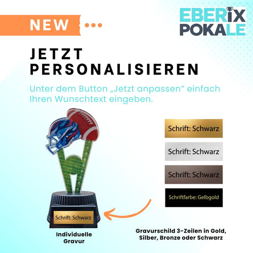 15 cm American Football Pokal mit Gravur - Helm & Ball Trophäe, Schwarz