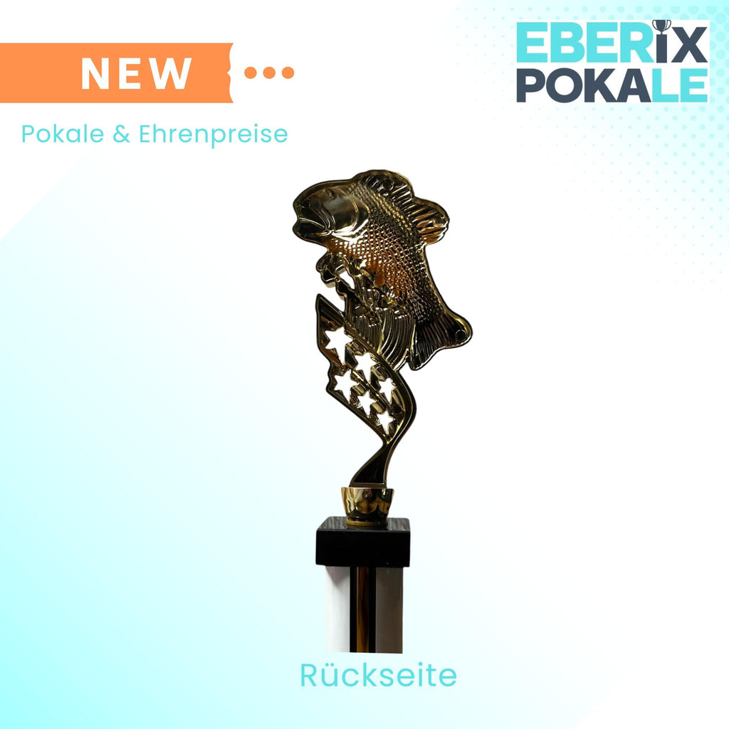 eberix · Angelsport Pokal · mit Wunschgravur · Trophäe mit Fisch-Motiv inkl. Gravur · Siegerpokal für Angelturnier, Vereinsfischen, Fischerfest, Raubfisch-Cup · personalisierbar ·