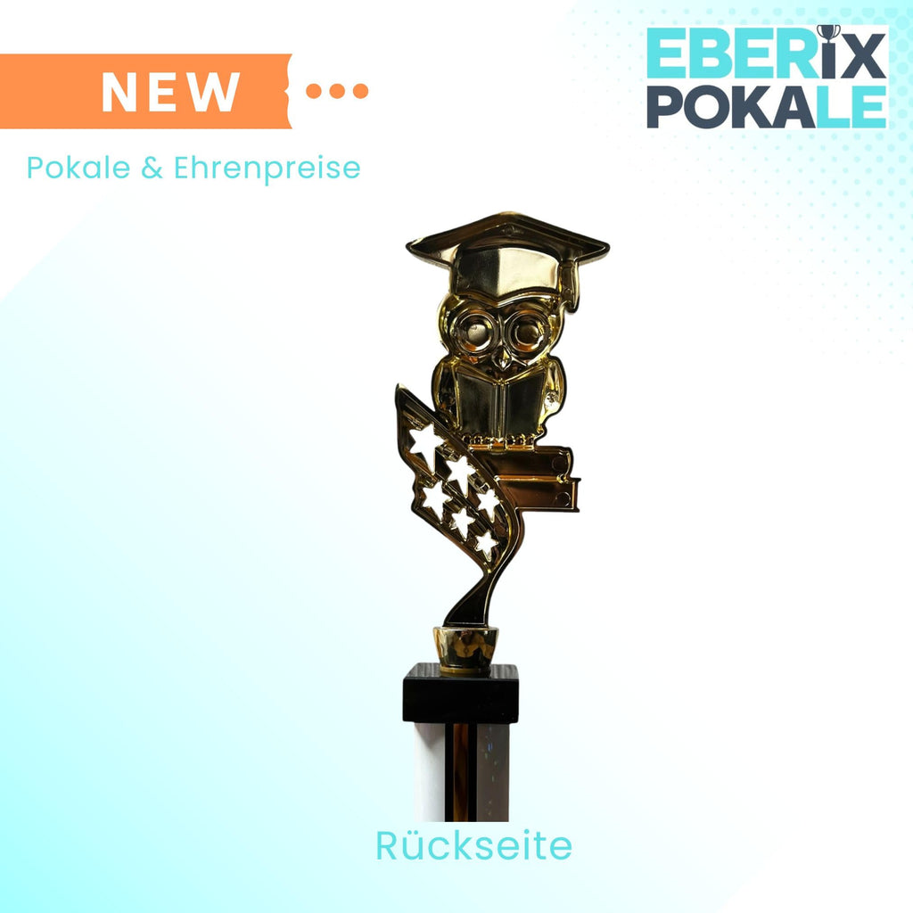 eberix · Bildung Eule Pokal· mit Wunschgravur · Trophäe mit Doktorhut-Motiv · Ehrenpreis für Schulabschluss, Kindergarten, Abitur, Bildungspreis · personalisierbar ·