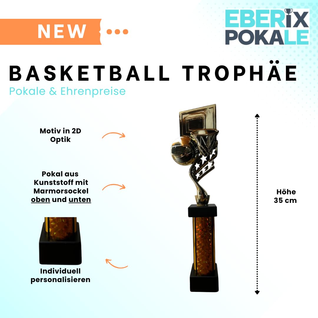 eberix · Basketball Pokal · mit Wunschgravur · Trophäe mit Korb & Ball Motiv · Siegerpokal für Basketballturnier, Vereinsmeisterschaft, Streetball · personalisierbar ·