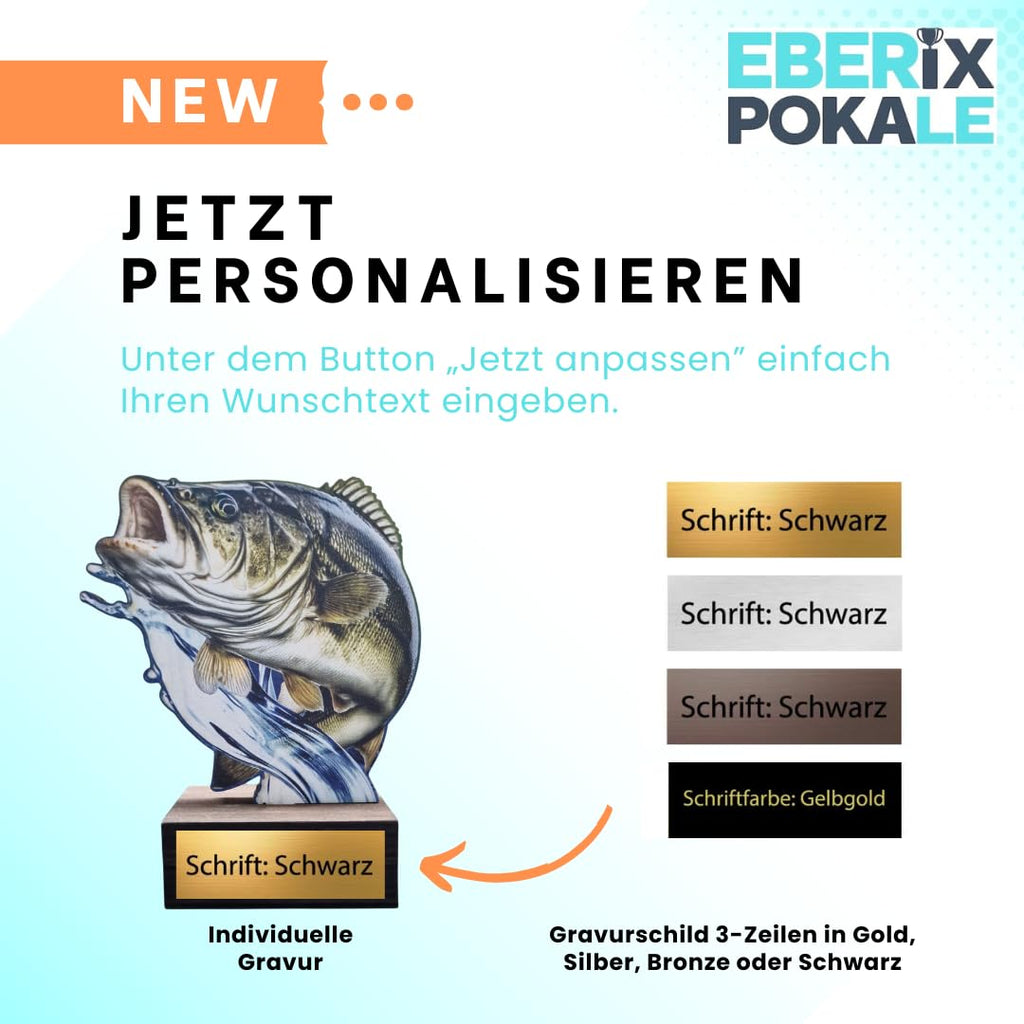 Holz-Pokal 13 cm Angelsport Trophäe - Großmaulbarsch mit Wunschgravur