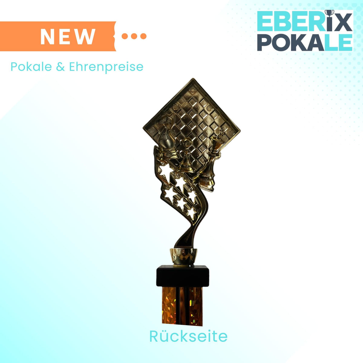 eberix · Schach Pokal · mit Wunschgravur · Trophäe mit Figuren & Brett Motiv · Siegerpokal für Schachturnier, Vereinsmeisterschaft, Denksport-Wettbewerb · personalisierbar ·