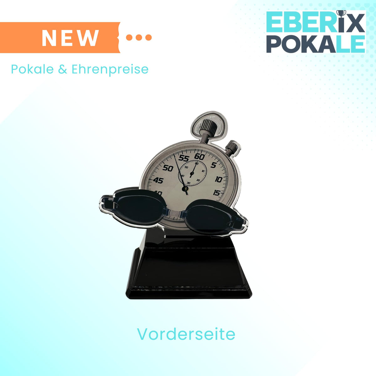 Schwimmer Pokal 9,5 cm - Acryl Trophäe mit Stoppuhr & Gravurschild