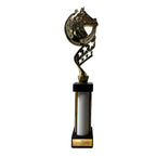 eberix · Reitsport Pokal · mit Wunschgravur · Trophäe mit Hufeisen-Motiv & weißer Glanzsäule · Siegerpokal für Reitturnier, Voltigieren, Dressur, Pferdesport ·