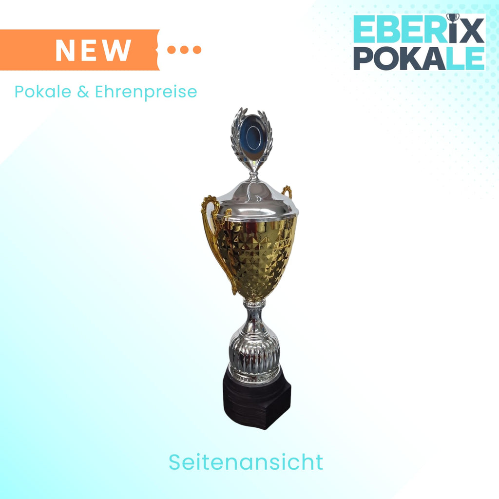 EBERiX · Athena oder Ares Wanderpokal · Wanderpokal mit Gravur · Eleganter Metallpokal mit Deckel & Holzsockel · 46 cm Höhe · Inkl. Gravurschild · personalisierbar