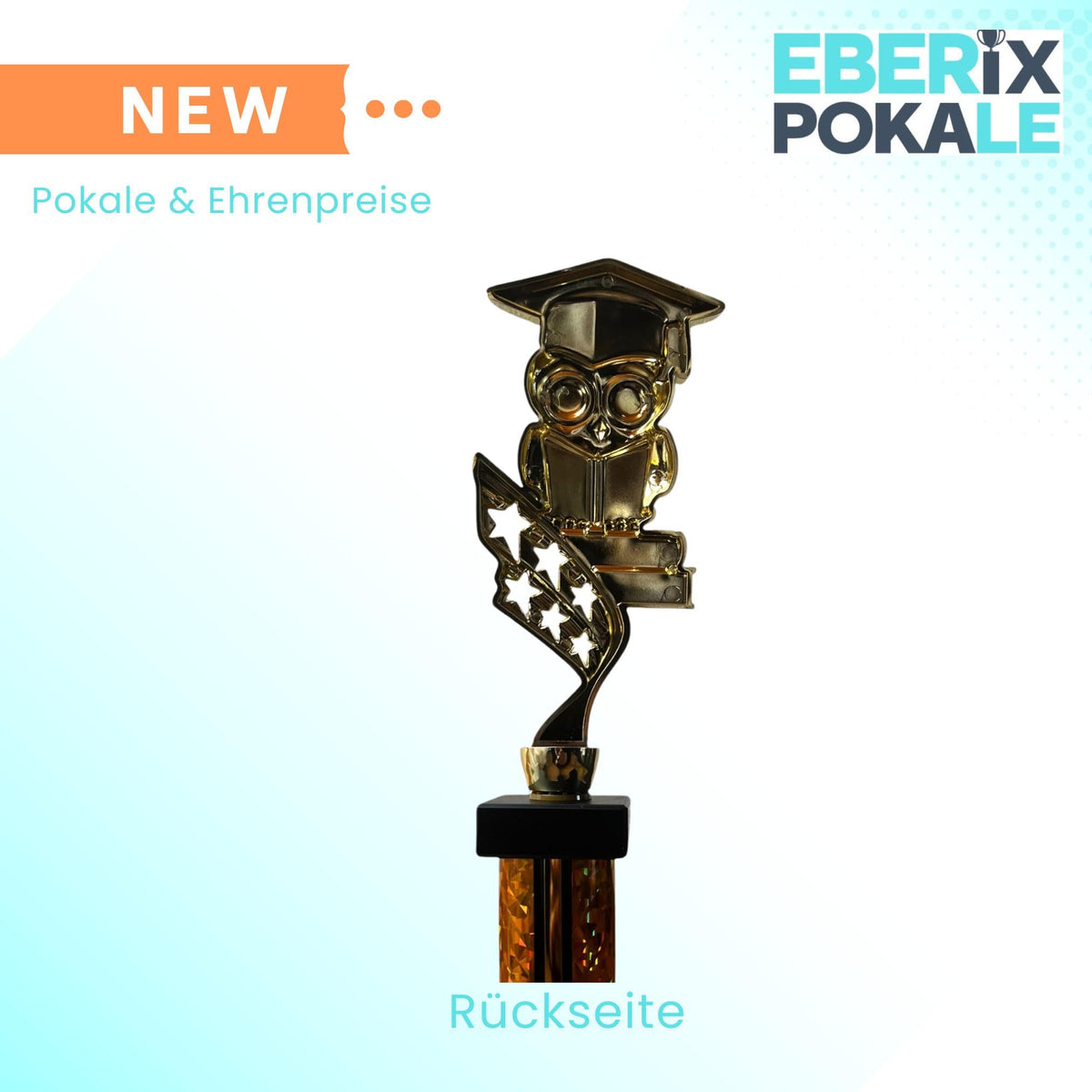 eberix · Bildung Eule Pokal · Trophäe mit Glanzsäule inkl. Gravur · Ehrenpreis für Schulabschluss, Klassenbeste, Abitur, Zeugnisverleihung · optional mit zweitem Gravurschild
