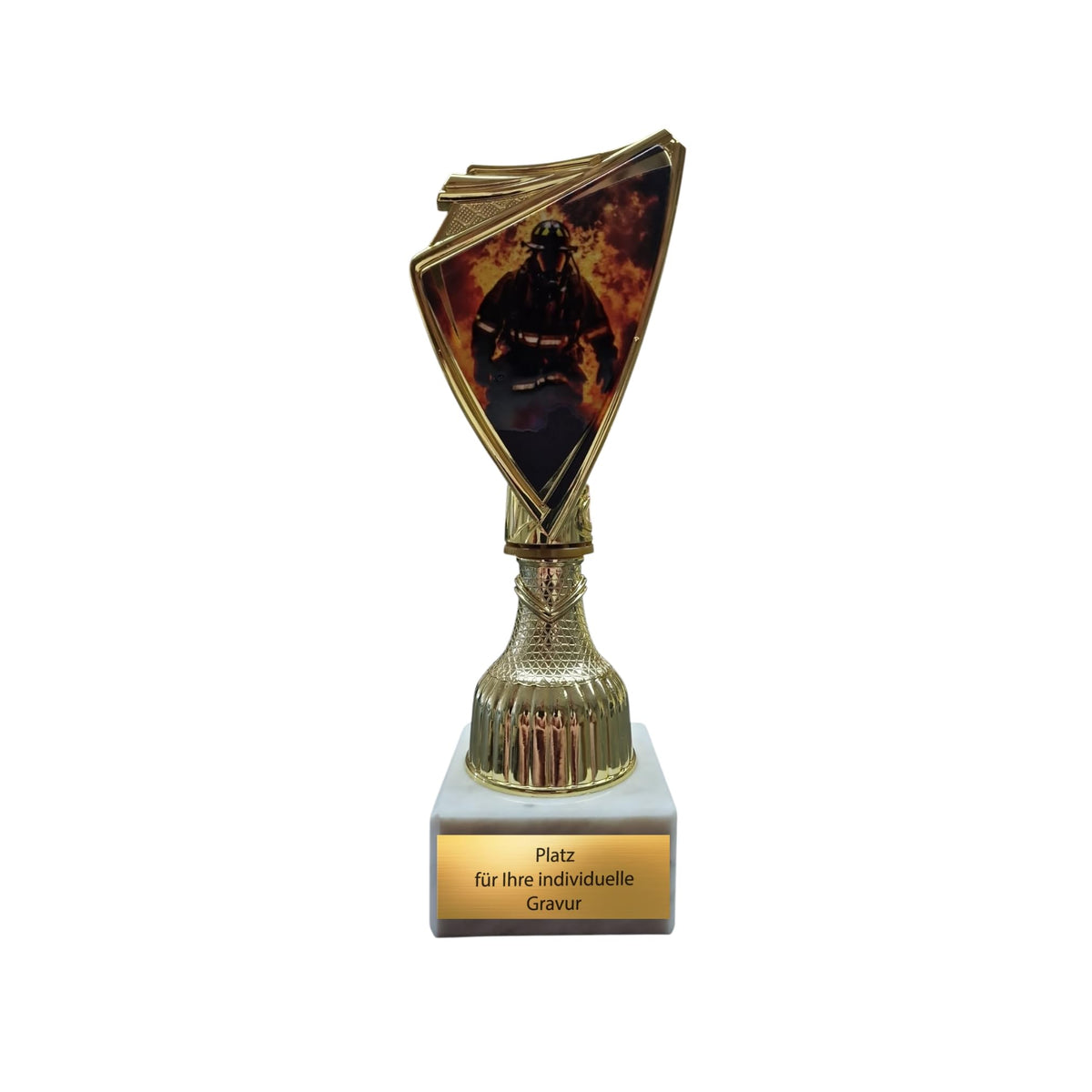 Feuerwehr Pokal 18,5cm - Goldene Trophäe mit 2D-Motiv & Marmorsockel