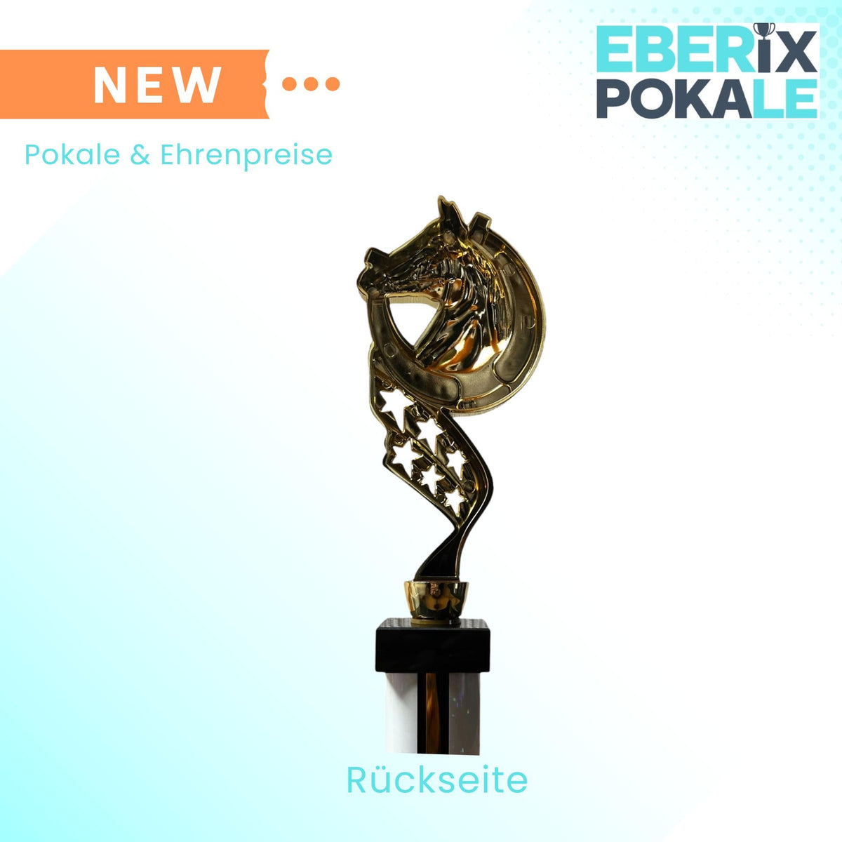 eberix · Reitsport Pokal · mit Wunschgravur · Trophäe mit Hufeisen-Motiv & weißer Glanzsäule · Siegerpokal für Reitturnier, Voltigieren, Dressur, Pferdesport ·